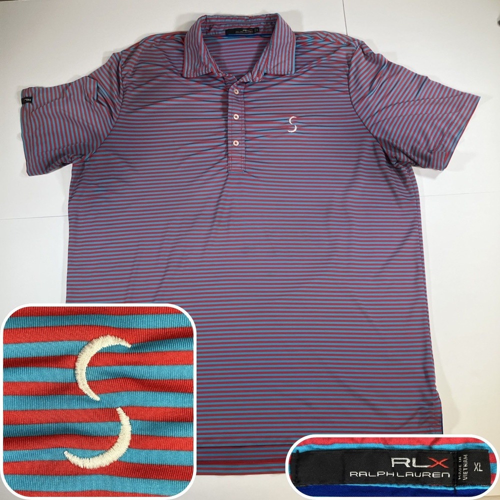 RLX Ralph Lauren XL Performance Polo Shirt Blue Red Stripes Men's